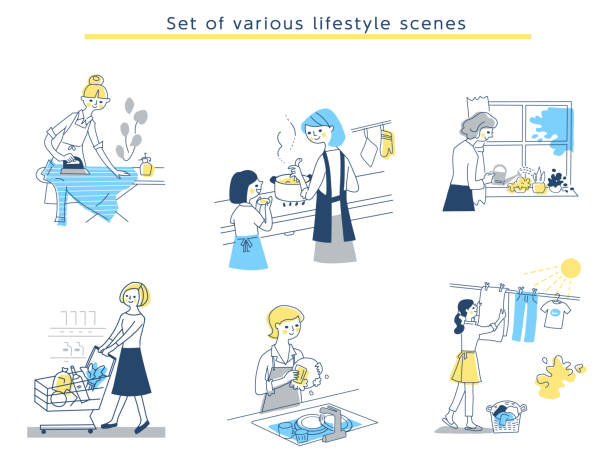 illustrazioni stock, clip art, cartoni animati e icone di tendenza di set di scene di stile di vita femminile - iron laundry cleaning ironing board