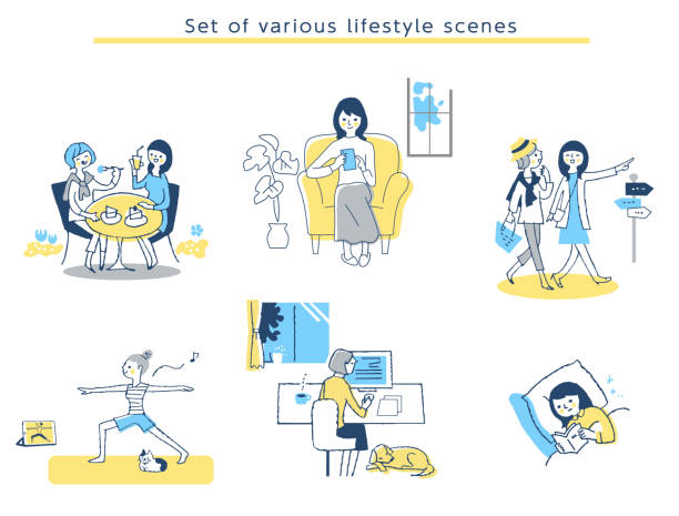 ilustrações, clipart, desenhos animados e ícones de cena de estilo de vida das mulheres definida - no sofá com celular