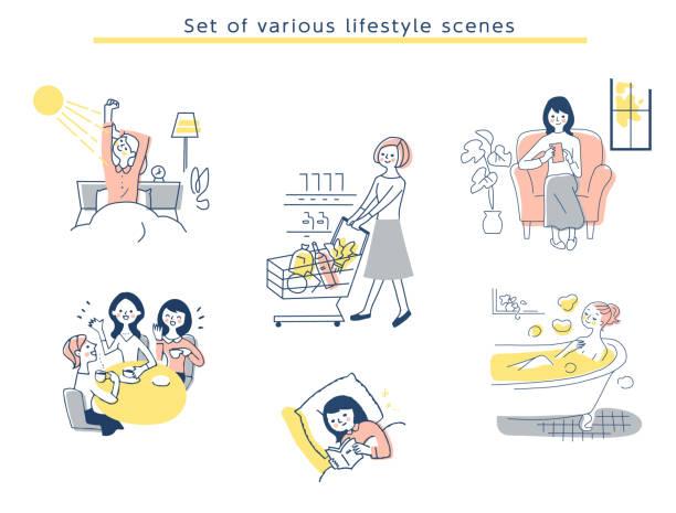 Women's lifestyle scene set Various daily scenes of Japanese people bathtub illustrations stock illustrations