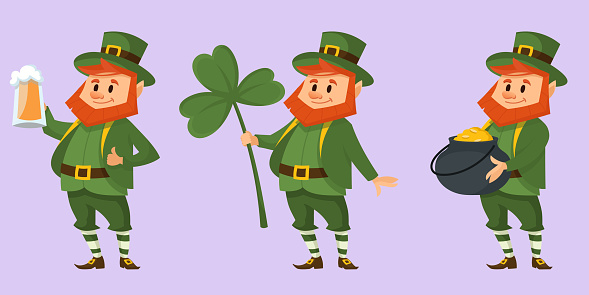 Leprechaun in different poses. Fairy tale character in cartoon style.