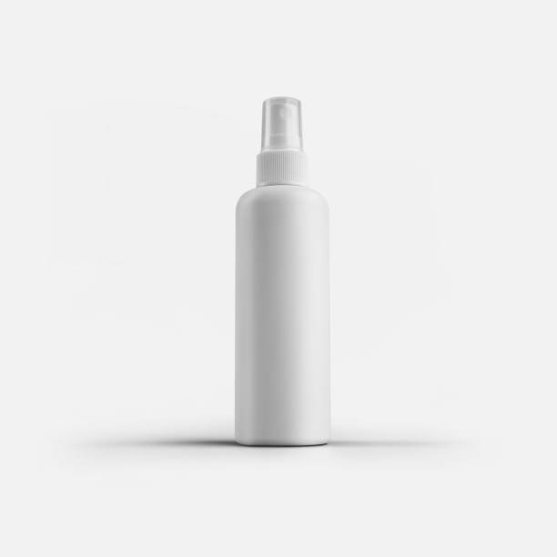 istock Mockup of a white plastic bottle with a transparent cap, aerosol dispenser, matte container for design presentation. 1299760961