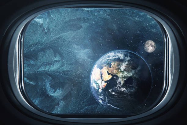 View from spaceship window on a planet Earth and Moon. Elements of this image furnished by NASA.