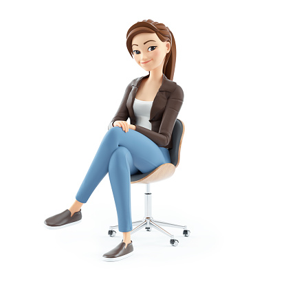 3d cartoon woman sitting on chair, illustration isolated on white background