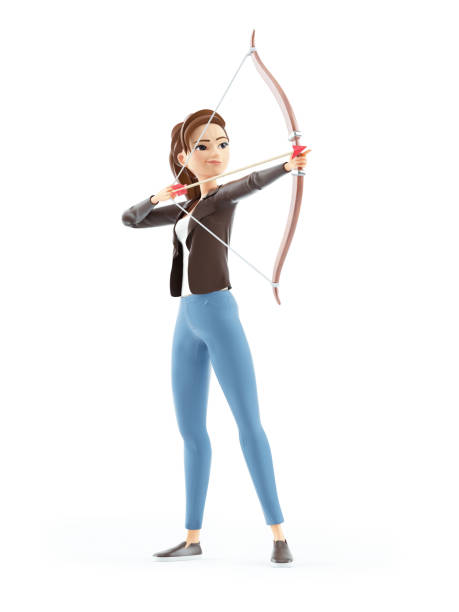 3d cartoon frau zielt mit pfeil und bogen - archery bow arrow women stock-fotos und bilder