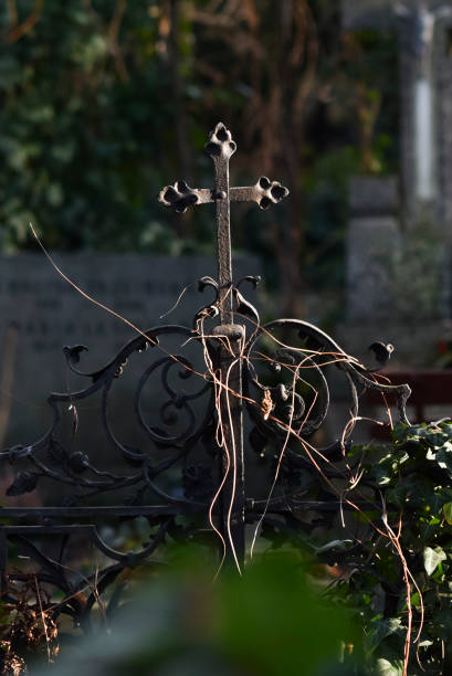 istock Old metal cross on the cemetery in the sunlight. Selective focus. 1299761481