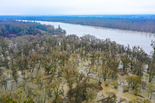 Drone photography of the flooded floodplains of the german Rhine River near Wört, Maxau. Flood disaster in winter.