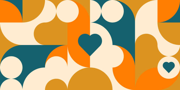 ilustrações de stock, clip art, desenhos animados e ícones de romantic vector abstract  geometric background with hearts, circles, rectangles and squares  in retro scandinavian style. pastel colored simple shapes graphic pattern. abstract mosaic artwork. - multi colored heart shape backgrounds repetition