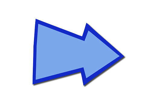 Speech bubble sign in form of blue right arrow isolated on a white background. Denim pointer with copy space. Pointing symbol.