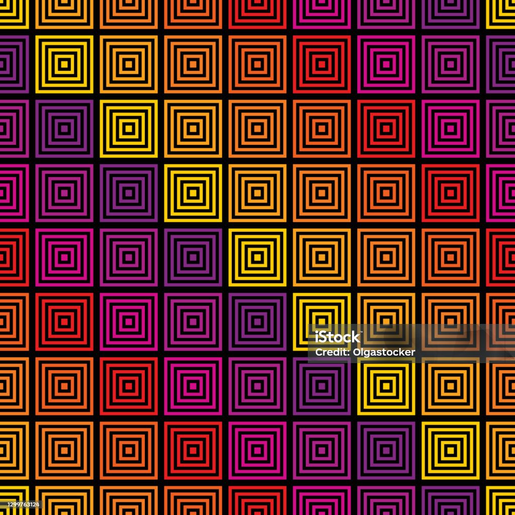 1990s Square Pattern Vector Geometric Seamless Pattern With Colorful Rainbow Squares 8090s ...