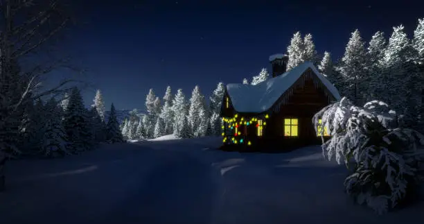 Digitally generated log cabin with shining windows and Christmas lights in wintry landscape. 

The scene was rendered with photorealistic shaders and lighting in Autodesk® 3ds Max 2020 with V-Ray 5 with some post-production added.
