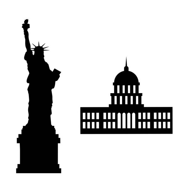 illustrazioni stock, clip art, cartoni animati e icone di tendenza di statua della libertà e campidoglio degli stati uniti d'america - statue of liberty