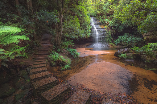 In Katoomba, Blue Mountains National Park, NSW, Australia, Gordon Creeks forms the natural Pool of Siloam waterfall.