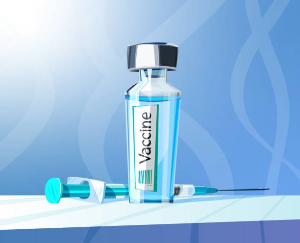 ilustrações, clipart, desenhos animados e ícones de ampola com uma vacina e uma seringa, ilustração em tons azuis - injeção insulina luva