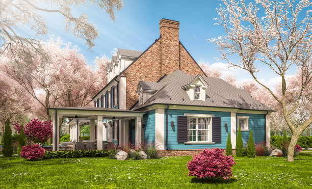 istock 3d rendering of modern classic house in colonial style in spring day 1299771077
