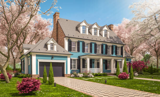 istock 3d rendering of modern classic house in colonial style in spring day 1299771205