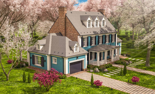 istock 3d rendering of modern classic house in colonial style in spring day 1299771270