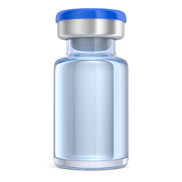 Injection vaccine in blue glass pharmacy vial bottle Injection vaccine in glass medical vial bottle isolated on white background. 3D illustration glass medicine blue bottle stock pictures, royalty-free photos & images