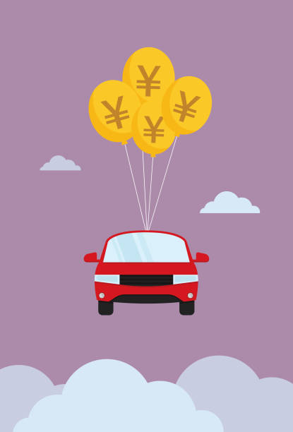 illustrations, cliparts, dessins animés et icônes de flotteur de voiture dans le ciel par un ballon de symbole de yen - middle class illustrations