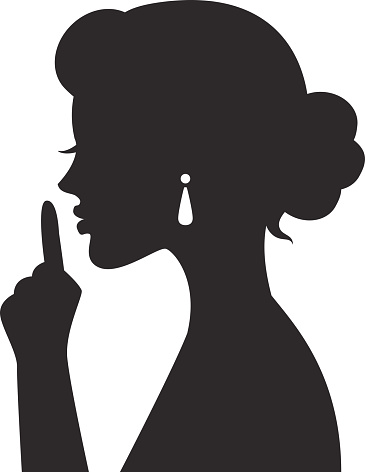 black silhouette Woman hand gesture shows index finger and asks for silence