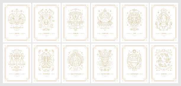 Zodiac astrology horoscope cards linear design vector illustrations set Zodiac astrology horoscope cards linear design vector illustrations set. Elegant symbols and icons of esoteric horoscope templates for wall print poster isolated on black background aries stock illustrations