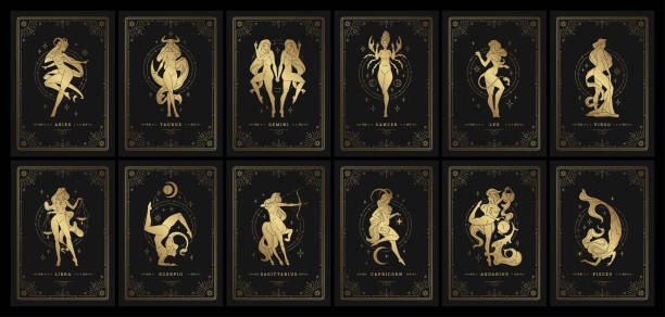 Zodiac womans horoscope signs linocut silhouettes design vector illustrations set Zodiac womans horoscope signs linocut silhouettes design vector illustrations set. Astrology symbols of esoteric female characters templates for cards or posters isolated on black background female scorpio tattoos stock illustrations