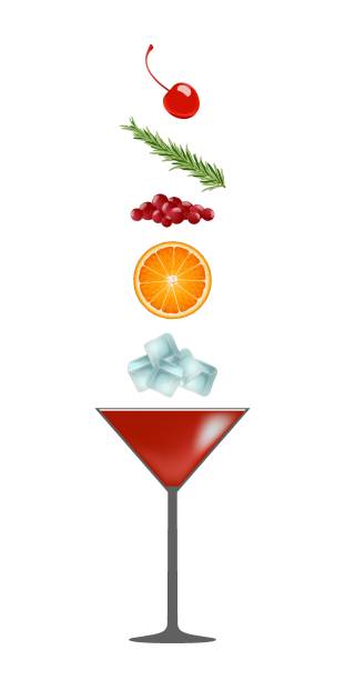 ilustrações de stock, clip art, desenhos animados e ícones de alcoholic red cocktail cosmopolitan glass and ingredients: ice, orange, cranberry, rosemary, maraschino cherry. vertical vector illustration - food and drink fruit cartoon illustration and painting