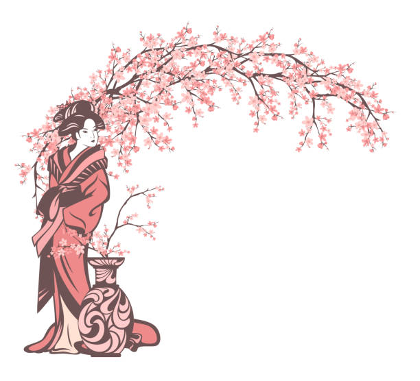 アーチの装飾を形成する咲く桜の枝を持つ花瓶による日本の芸者のベクトル肖像画 - sakura blossom flower single flower点のイラスト素材／クリップアート素材／マンガ素材／アイコン素材