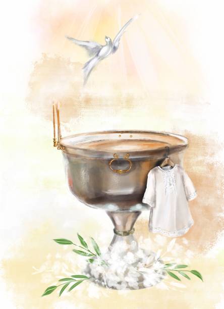 illustration a metal font in a church for the baptism of children and a white baptismal shirt illustration a metal font in a church for the baptism of children and a white baptismal shirt. christening stock illustrations
