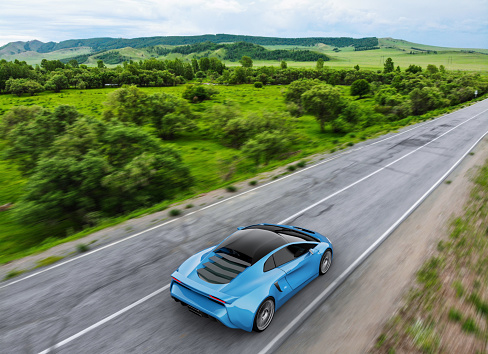 front view of fast moving generic blue sportscar driving on a country road, motion blur,  3D, car of my own design.