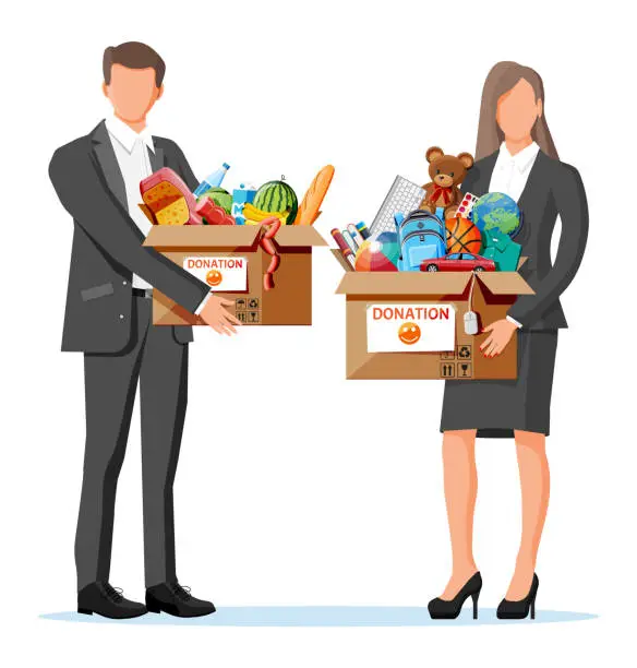 Vector illustration of Volunteers with cardboard donation box