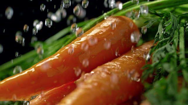 SLO MO LD Water falling onto a bunch of carrots
