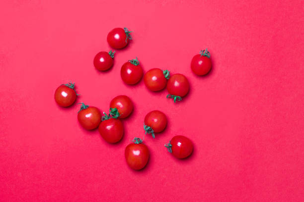 istock group of red tomato on red background 1299781837