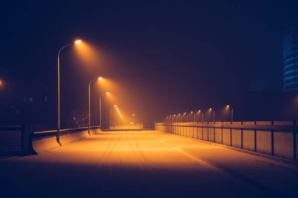Street at night after snow in winter