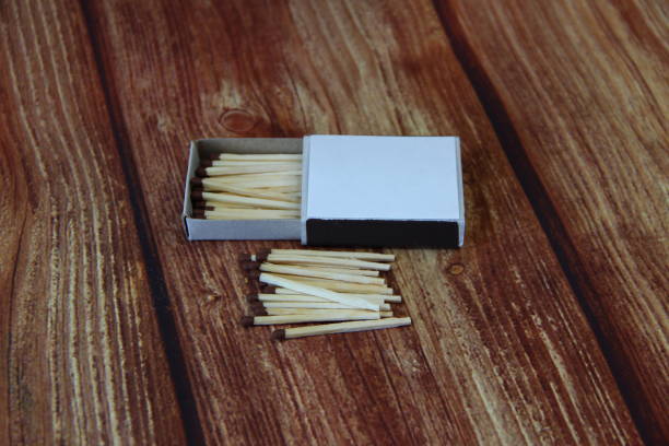 istock Matchbox and matches on wooden background, with copy space 1299782570