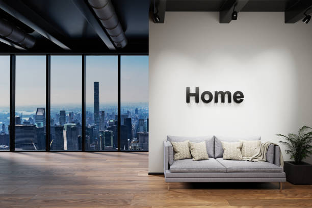 istock modern clean office waiting area reception with skyline view, wall with home lettering, overworked conceptual; 3D Illustration 1299783887