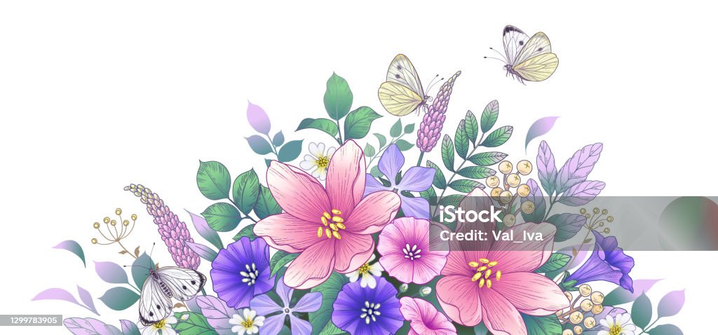 Ilustración de Flores Y Mariposas Rosas Y Púrpuras En Flor y más Vectores  Libres de Derechos de Mariposa - Lepidópteros - Mariposa - Lepidópteros,  Flor, Borde - iStock