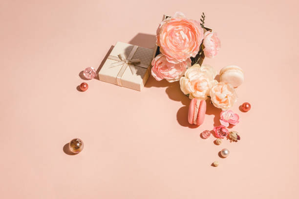 istock Monochrome floral layout with copy space in peach pastel color. Minimal spring concept 1299784331
