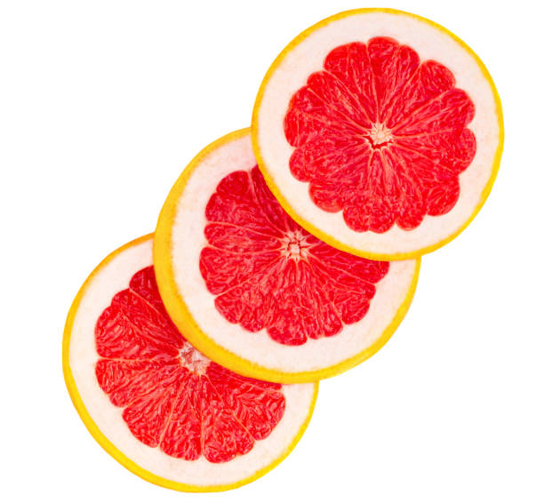 istock Grapefruit circle slices  isolated  on white background, top view.  Pink Grapefruit Flat lay. 1299785977