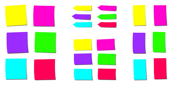 Neon colored sticky notes, different forms with bright fluorescent colors. Isolated vector illustration on white background.