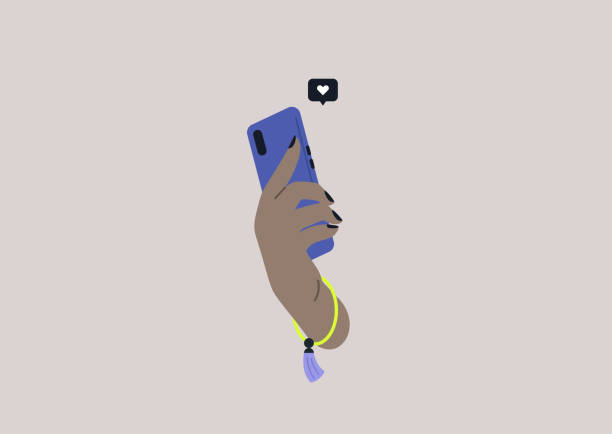 Modern technologies, a hand holding a mobile phone, millennial lifestyle Modern technologies, a hand holding a mobile phone, millennial lifestyle gen z stock illustrations