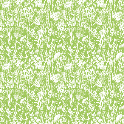 Abstract Texture Grassland Meadow Vector Pepeat Background. Seamless Irregular Textured Green Nature Design With Botany Blossom. Close Up, All Over Repeat. Interior Design, Home Decor, Packaging. Vector EPS 10 Tile.