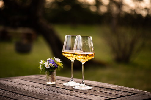 Two glasses of sparkling wine on the table with spring flowers