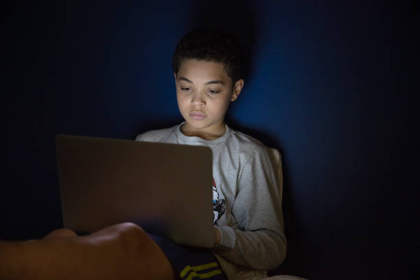 istock Mixed race teenager boy using laptop in room 1299790044