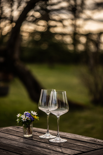 Two empty wineglasses on a rustic table with wild spring flowers