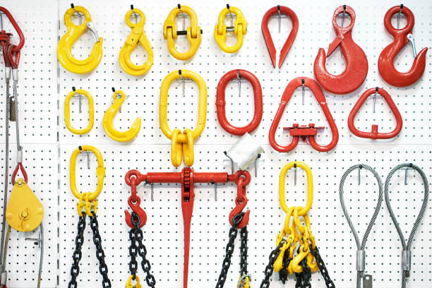 istock Hooks, blocks, metal cables and chains in store 1299790205