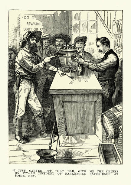 Wild West saloon bartender threatened with a gun, 19th Century Vintage illustration of Wild West saloon bartender threatened with a gun, Victorian, 1883, 19th Century. I just carved off that ear. Give me the drinks on ot. An incident of barkeeping experience at Bodie, Sierra Nevada, California bartender illustrations stock illustrations