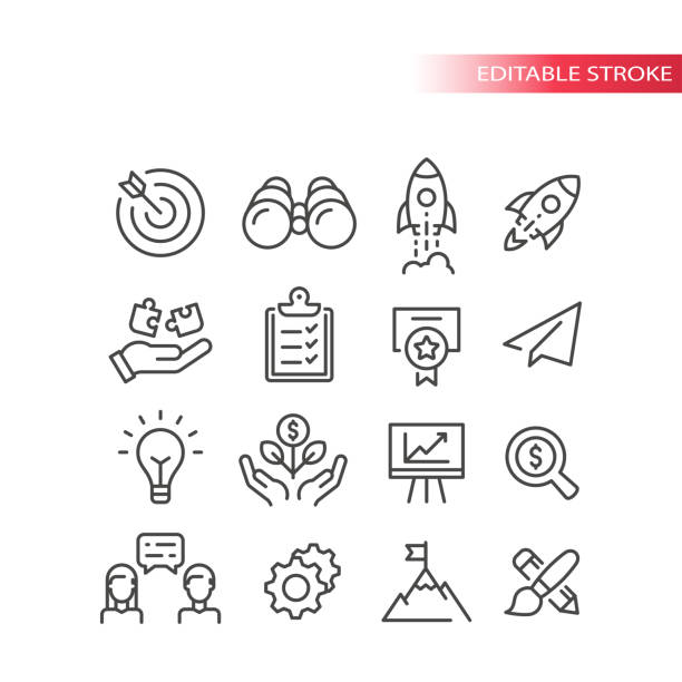 ilustrações, clipart, desenhos animados e ícones de conjunto de ícones vetoriais da linha de startup de negócios - estrategia