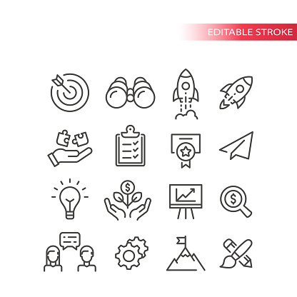 Growth, start up development and launch icons. Outline, editable stroke.