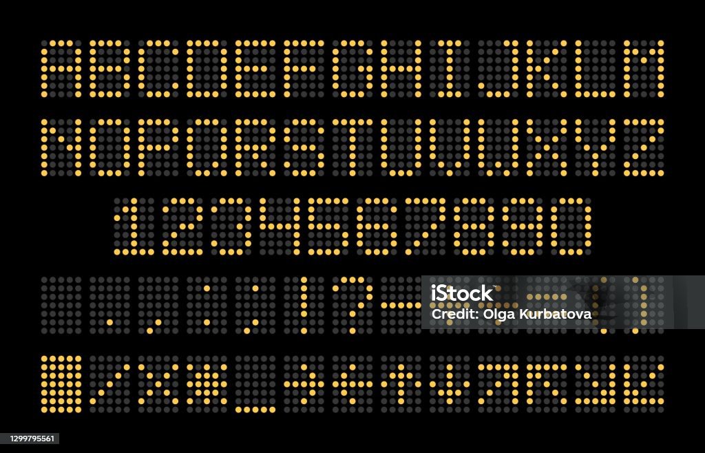Jobtilbud Derivation forståelse Led Display Font Dot Light English Alphabet Electronic Digital Board Yellow  Letters Numbers And Signs Isolated On Black Sport Stadium And Airport  Calculation Usage Vector Abc Set Stock Illustration - Download Image