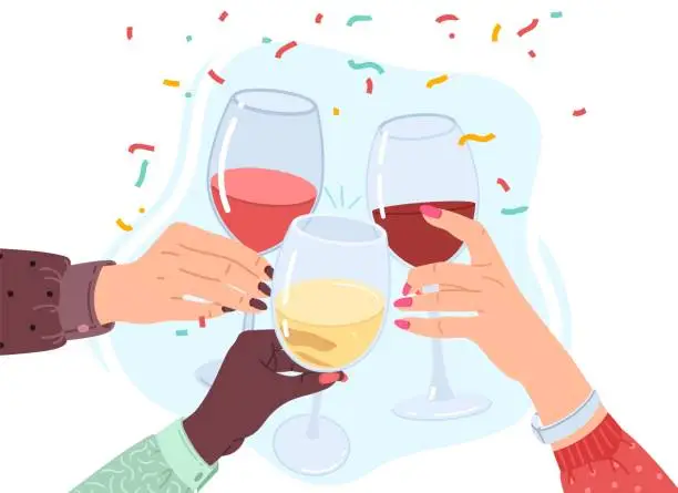 Vector illustration of Clink glasses hands. Friends clink white, red and rose wine drinks, alcohol drinks in wineglasses, people event together, celebration cheers, colored confetti. Vector cartoon concept